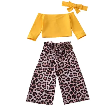 2-6Y Baby Toddler Otroci Dekleta Off Ramenski Vrhovi + Leopard tiskanja Širok Noge Hlače + Glavo 3pcs Obleke