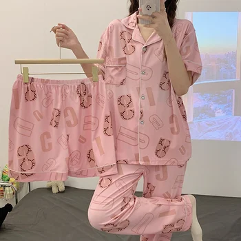 2022 Poletje Kratek Rokav Bombaž Tiskanja Pajama Set za Ženske korejski Svoboden Sleepwear bo Ustrezala Pyjama Homewear Pijama Mujer Domov Oblačila