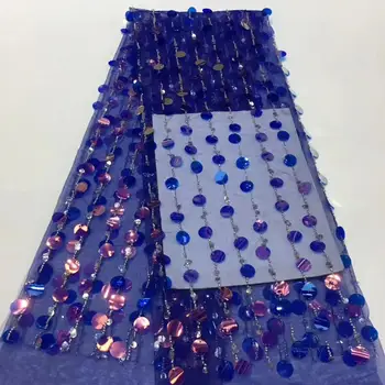 (5yards/pc) lep Afriške neto čipke tkanine kraljevsko modra francoski čipke tkanine z biseri in velik krog sequins za stranke FZZ752