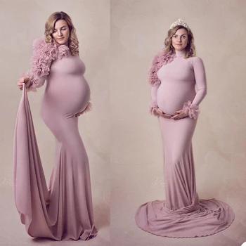 Elegantno Prilagojene Slim Fit Porodniškega Obleke Dolg Rokav Obleke za Photoshoot Boudoir Perilo Plašč kopalni plašč More