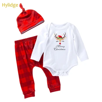 Hylidge 2PCS/set 0-2 let Baby Toddler Božič Dekle Obleko Dolgo sleeved Risanka Tiskanja igralne obleke Klobuk Obleko Kariran Harem Hlače 2019