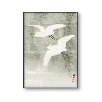 Malo Egrets v letu Ohara Koson Letnik Japonske Umetnosti Plakat Woodblock Wall Art Platno, Tisk Ptica Čaplja Slikarstvo Doma Dekor
