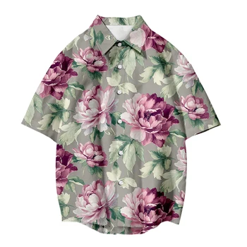 Modna Poletna majica cvetje Influencer Kratka Majica Trend Moških 3D digitalni tisk Turndown Ovratnik Športna Majica