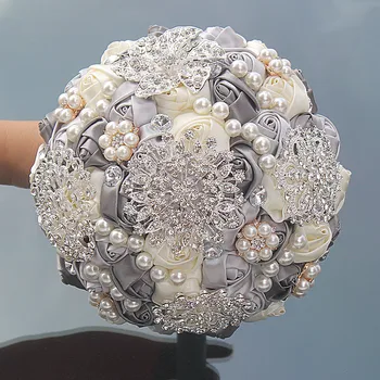 Najnovejši prišel smetane+iver umetno poročne šopke kristalno bridemaid poročne šopke za poročno dekoracijo