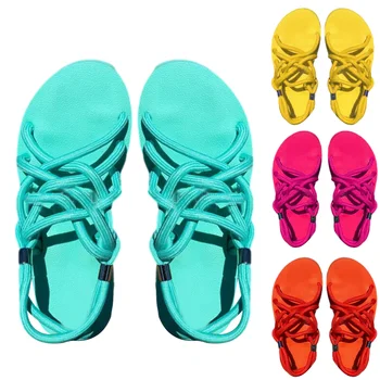 Poletje Ženske Sandale Ravno flip flop barva nositi copate Spleteno Vrv Povoj Plaži Čevlji Dihanje lady Sandali