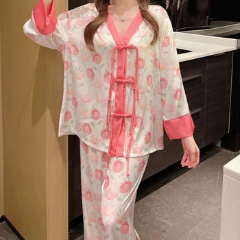 Tiskanje Cvet Pižamo Bo Ustrezala Ženske Sleepwear Z Vintage Gumbi Saten Kitajski Slog Domov Oblačila Z Dolgimi Rokavi Retro Nightgown