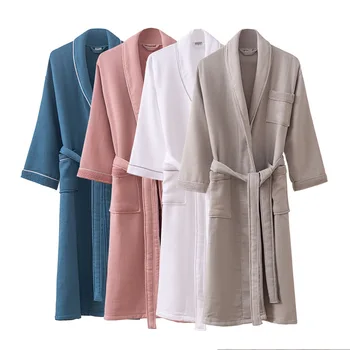 100% bombaž vaflji terry Kimono kopalni plašč Doma Hišna Obleke z pasu dolge rokave jeseni, pozimi debelo mehko sleepwear pižame