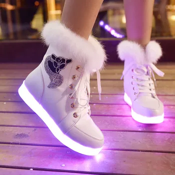 2021 Runo Sneg Škornji Ženske UBS LED Luči Čevlji Priložnostne Zajec Las, Škornji, Čevlji Zimski Čevlji, Topla Dame Ravno Čevlji Mujer