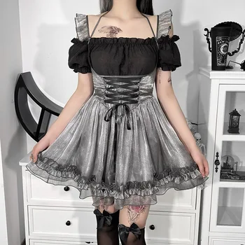 2022 Novo Gothic Lolita Čipke Črna Mini Obleka Ženske Povodcem Povoj Iz Votlih Korzet Žogo Obleke Dress Vintage Elegantno Partywear