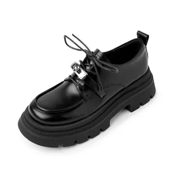 2023 Novo Črno Rjava Pravega Usnja Sponke angleški Loafers Žensk Platformo Kovinski Krasijo Čevlji Ženske Oxford Čevlji