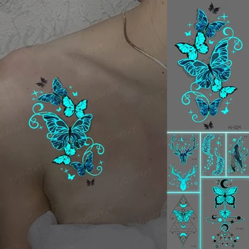 3D Metulj Modra Svetlobni Tattoo Nalepke Jelena Pernata Kača Prenos Nepremočljiva Začasni Tattoo Ženske, Moške Seksi Svetlobna Tatto
