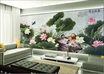 3d ozadje po meri, zidana non-woven sliko 3d prostoru ozadje Mandarin raca Lotus lotus rastlin, fotografija 3d stenske freske ozadje