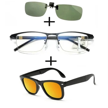 3Pcs!!! Postopno Daleč in Blizu Poslovni Obravnavi Očala za Moške, Ženske + Polarizirana sončna Očala Zlitine Kvadrat + sončna Očala Posnetek