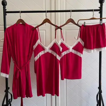 4PCS Pižamo bo Ustrezala Ženske Čipke Kimono Plašč Seksi Obleke Z Hlače Saten Domov Oblačila Salon More Proti-Vrat Priložnostne Sleepwear