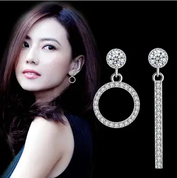 925 Sterling Silver Fashion korejski Krog Bar Spusti Uhan Za Ženske Polno Cirkon Moissanite Asimetrične Uhan Boucle d'oreille