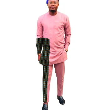 Baby Roza Bombaža Moške Mozaik Majice+Trdni Hlače Nigerijski Slog Sopihanje Garniture po Meri Afriške Moda Obleko Za Poroko