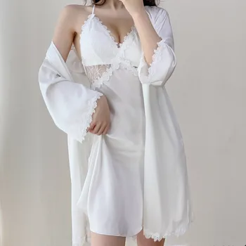 Beli Saten Poroko Haljo Seksi Votlih Iz Čipke Ženske Sleepwear Suspender Nightgown Bo Ustrezala Svoboden Kimono Kopalni Plašč Intimno Perilo