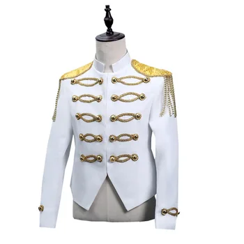 Britanski Veter Fazi Moške Bele Zlate Rese Epaulettes Vojaško Obleko Kostume Sodišče Obleko Uspešnosti Moški Pevec Jakno Plašč