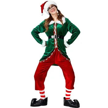 Deluxe 6Pcs ženski Božični Kostum Cosplay Santa Claus Enotno Obleko Za Odrasle Zeleni Škrat Božič Praznik Fancy Stranka Obleko