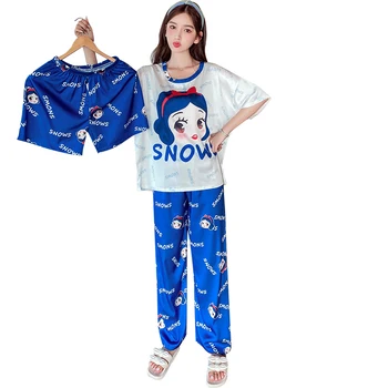 Disney Snow White Ženska Ledu Svileno Pižamo Nastavite Sleepwear Pijama Pižamo Bo Ustrezala Ženski Spal 3 Kos Set Princesa Loungewear Poletje