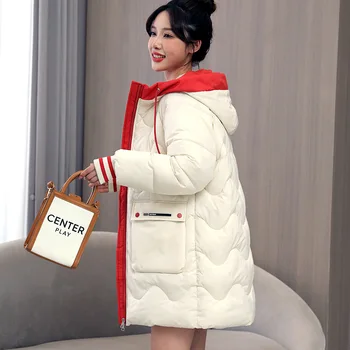Dol Bombaž Jakna Ženske Parkas 2022 Nove Zimske Hooden Bombaž, Oblazinjeni Suknjič korejski Svoboden Toplo Zgostitev Plašč Windproof Outwear