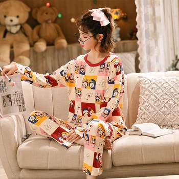 Foply Risanka 100% Bombažno Pižamo Nastavite Loungewear Ženske Pižame Sleepwear More Pijama Mujer Domov Nositi Dolge Hlače Nightsuit