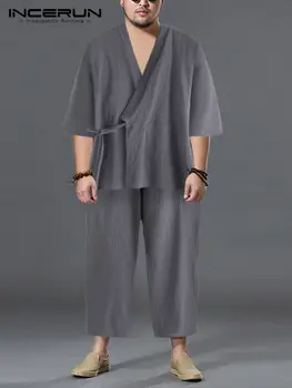 INCERUN Vrečasta Novih Moških Kimono Pižamo Obleke Haljo Obleke 2Pcs/Set Salon kopalni plašč Moški Sleepwear Svoboden Vrhovi Japonska Pižamo Masculina