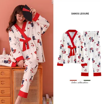 Jeseni Ženske Pižame dolgo sleeved bombaž študent srčkan risanka ženske svoboden Japonski obleko Sleepwear Noč Domov Oblačila Pižami