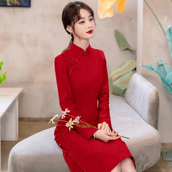 Kitajski Retro Slogu Tradicionalne Qipao Obleko Novo Leto Boljše Dolgimi Rokavi Rdeče Cheongsam za Ženske Oblačila