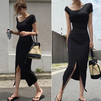 Korejski Elegantna Moda Poletje Slim Zaviti Hip Black O Vratu Kratek Rokav Split Obleka Ženske Bombaž Vse-ujemanje Oblačila Vestidos Mujer