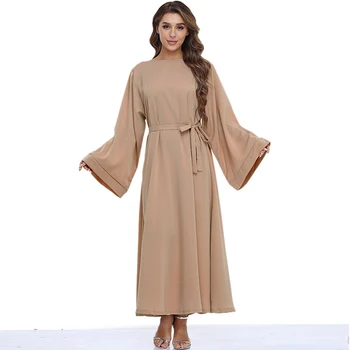 Maxi Obleko Z Dolgimi Rokavi Za Muslimanske Ženske Poletje S Pasom O Vratu Arabski Bližnjem Vzhodu Plus Velikost Eid Skromno Islamske Ženske Obleke