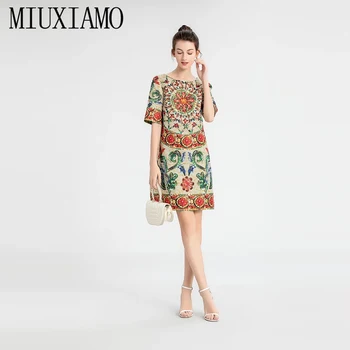 MIUXIMAO 2022 Pomlad/Poletje ženskih Oblačil O-Vratu Kratek Rokav Vitek Pas Vezenje Moda Obleko Elegantno Kitajski Stil
