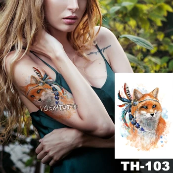 Nepremočljiva Začasni Tattoo Nalepke Oranžne Pisano Pero Fox Vzorec Vode Prenos Akvarel Body Art Ponaredek Tat