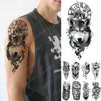 Nepremočljiva Začasni Tattoo Nalepke Ura Oranžne, Modre Oči Volk Flash Lev Tetovaže Kompas Body Art Roko Ponaredek Tattoo Ženske Moški