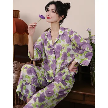 Pajama ženska novo dihanje tanke določi modni tisk loungewear pižamo za ženske perro ชุดนอนผ้าซาติน