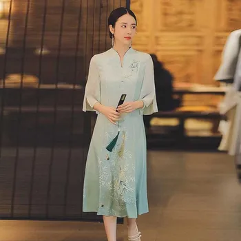 Pomlad Novi Kitajski Slog Šifon Obleke Za Ženske Gradient Barvno Tiskanje Svile Tradicionalnih Cheongsam Obleko Čaj Art Pravljica Krilo