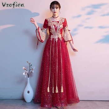 Rdeča Poročne Obleke Kitajski Poroko Cheongsam Obleke Nosečnica Qipao Večer Gow Vezenje Elegantna Oblačila Toasting