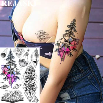 REJASKI Seksi Akvarel Drevo, Cvet Kompas Začasne Tetovaže Nalepke Geometrijske Rose Tatoos Za Ženske Body Art Realistični Tattoo
