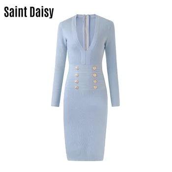 SaintDaisy Elegantno Žensko Bodycon Obleko 2022 Pomlad Brezplačna Dostava Večer Seksi Proti-Vrat Kolena-Dolžina Dolg Rokav Gumb Haljo 00102
