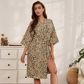 Seksi Dolgo Sleepwear Leopard Tiskanja Rajon Haljo Ženske Pižame Seksi kopalni plašč Jutranje Halje za Ženske Nevesta Družico Poroka Obleke