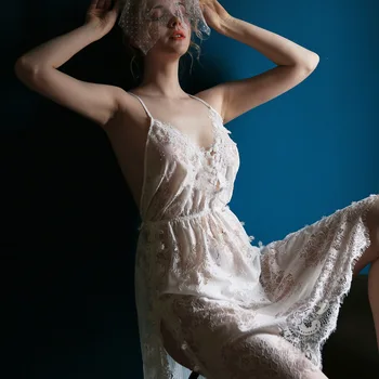 Siva Cvetlični izdolbel Čipke Nightdress Ženska Nightgown Sleepwear Perilo, Obleko Špageti Trak Spalna Obleka z Jermenov