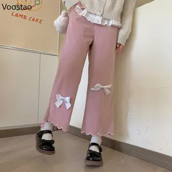 Sweet Modni Velvet Širok Noge Hlače Ženske Japonski Priložnostne Srčkan Lok Napet Sweatpants Mehko Dekle Harajuku Kawaii Hlače Ženske