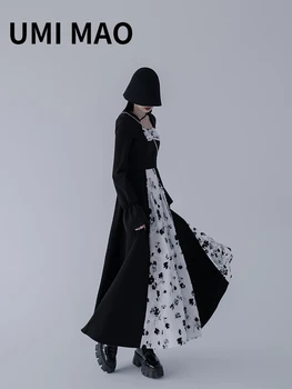 UMI MAO Yamamoto Temno Pomlad Poletje Nišo Edinstven Design Ženski Nov Kvadratni Ovratnik Šivanje Čipke Zamahu Obleko Ženske Y2K