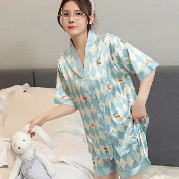Velika velikost pižame žensk poletje tanko obleko ledu svile kratka sleeved hlače dva-delni set dihanje ženske nightdress sleepwear