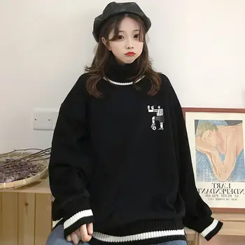 Zoki Pozimi Toplo Vezenje Majica Ženske Svoboden Priložnostne Debele Majica Black Print Oblačila za Najstnike, korejski Moda New2022